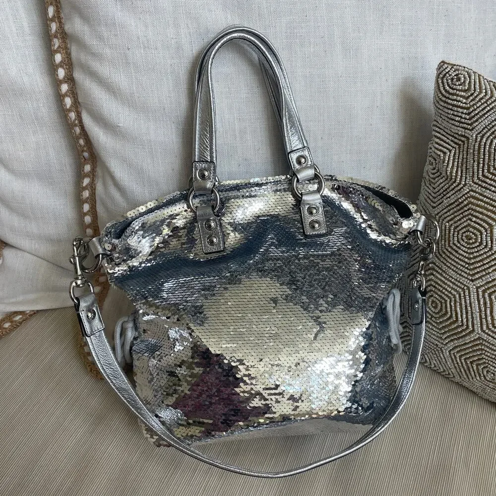 Rare Coach Poppy Spotlight Sequin Satchel 13821 | Silver Metallic Y2K